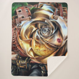Cobertor Sherpa Rosa Steampunk com Face Surreal - Flor Mecânico