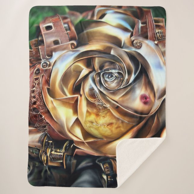 Cobertor Sherpa Rosa Steampunk com Face Surreal - Flor Mecânico (Frente)