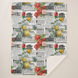 Cobertor Sherpa * Rosas AR23 Flor Floral Vintage Newsprint