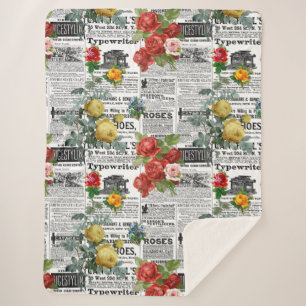 Cobertor Sherpa * Rosas AR23 Flor Floral Vintage Newsprint