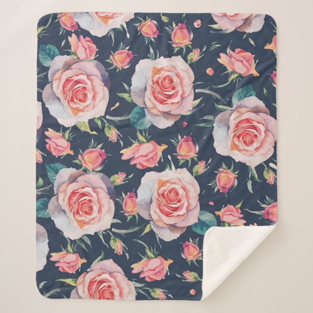 Cobertor Sherpa Rosas e Rosebuds: Floral Sem Costura. (Frente)