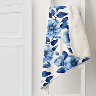 Cobertor Sherpa Rosas Florais em Azul Delft