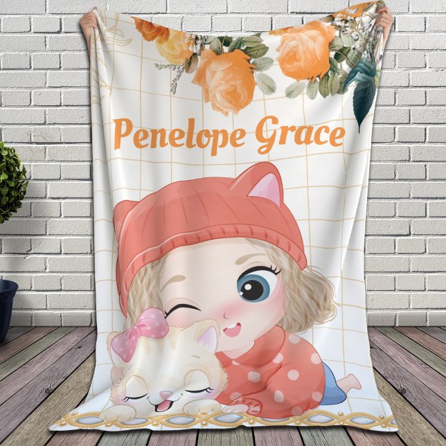 Cobertor Sherpa Rosas Laranja Rapariga e Gato + Nome Personalizado (Criador carregado)