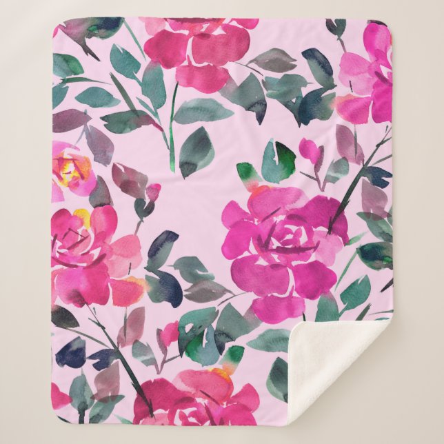 Cobertor Sherpa Rosas opulentes desenhados à mão. Coruja floral (Frente)