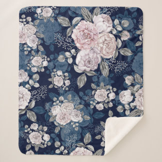 Cobertor Sherpa Rosas Rosa Azul Escuro: Vintage