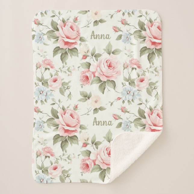 Cobertor Sherpa Rosas Rosa Românticas por todo o padrão com nome (Frente)
