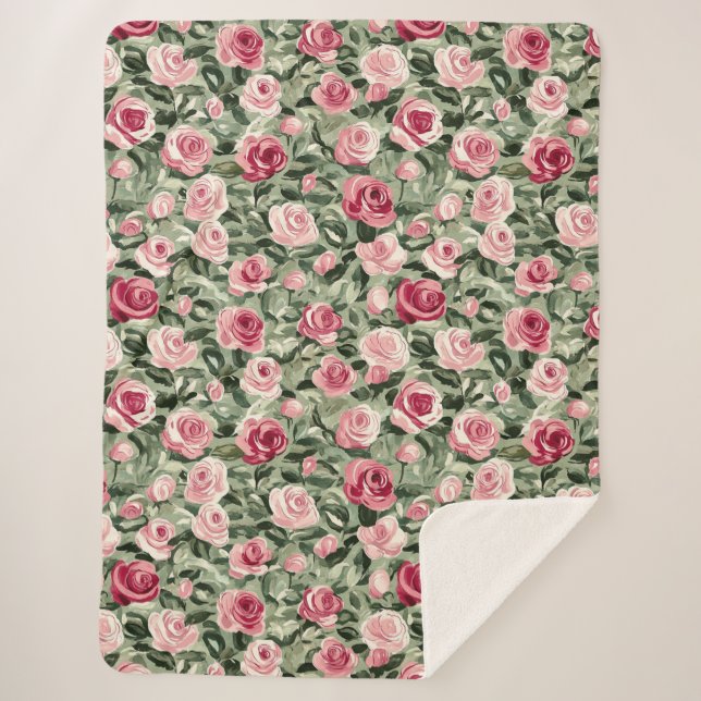 Cobertor Sherpa Rosas Verdes Rosa Vermelhos Floral (Frente)
