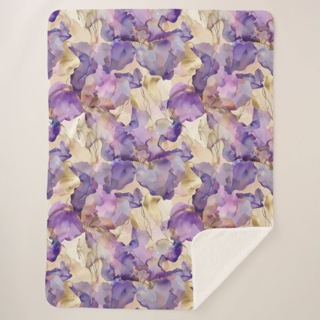 Cobertor Sherpa Roxo Roxo Dourado Iris Floral (Frente)