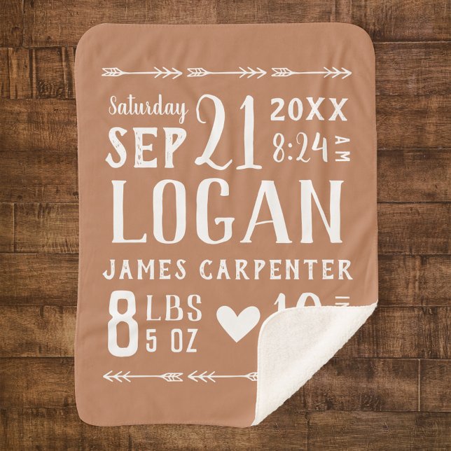 Cobertor Sherpa Rust Baby Boy Birth Stats Keepsaame (Criador carregado)