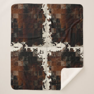 Cobertor Sherpa Rustic Brown Patchwork Cowhide