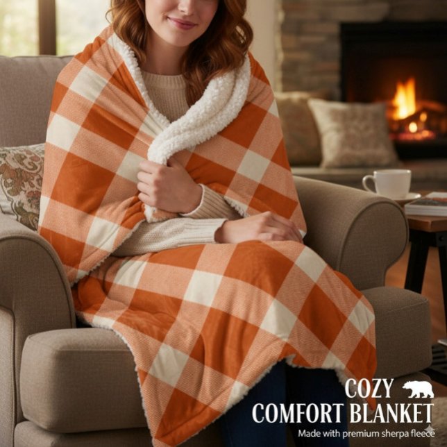 Cobertor Sherpa Rustic Orange & Cream Buffalo Farmhouse Xadrez (Criador carregado)