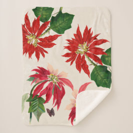 Cobertor Sherpa Rustic Red Watercolor Poinsettia Floral Greenery