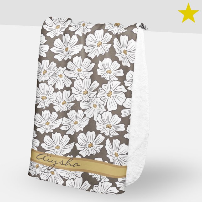 Cobertor Sherpa Rustic White Flower Sketch Yellow Gray Custom Name (Criador carregado)