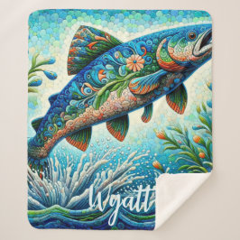 Cobertor Sherpa Salmon Jumping Mosaic Floral Blue Personalized