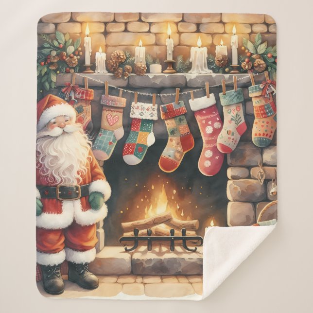 Cobertor Sherpa Santa by Fireplace Christmas Stockings (Frente)