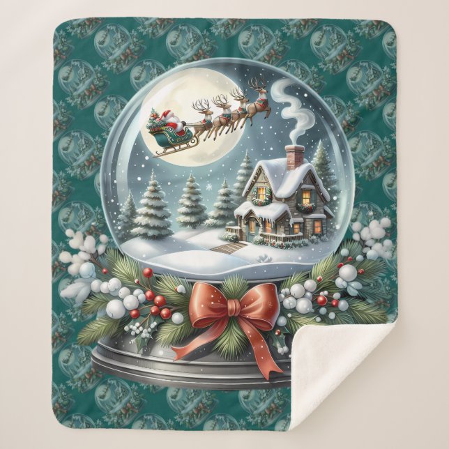 Cobertor Sherpa Santa Sleigh Ride in Snow Globe Wonderland (Frente)