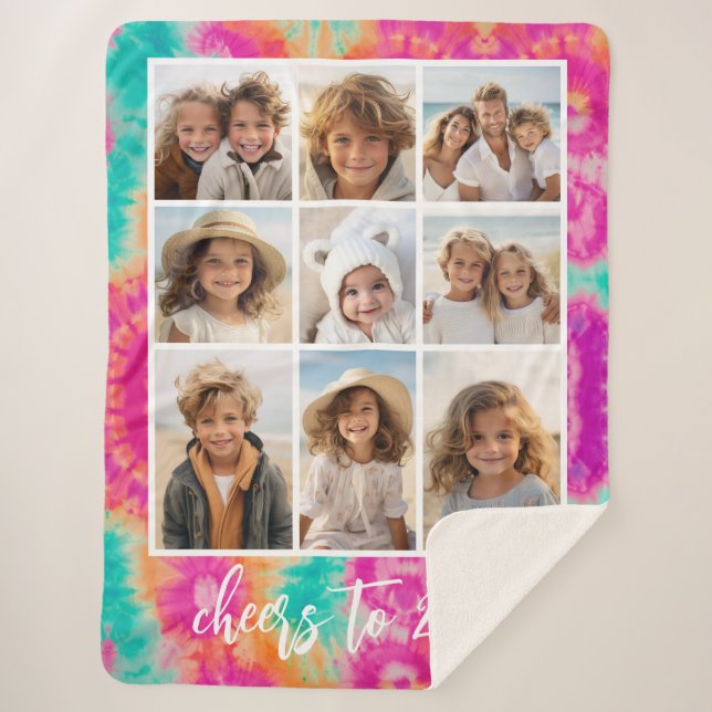 Cobertor Sherpa Saúde ao Ano Novo Tie-Dye Teal 70s (Frente)