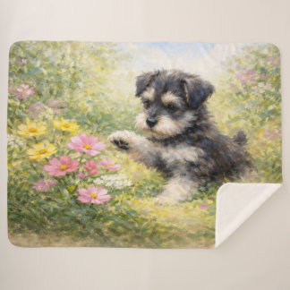 Cobertor Sherpa Schnauzer Puppy Springtime Flowers