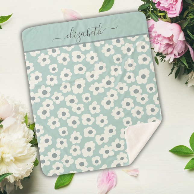 Cobertor Sherpa Script Monograma Boho Verde Branco Cinza Floral  (Green white Gray Floral Boho Personalized Sherpa Blanket. Throw Blanket, Twin Bed size and Baby size)