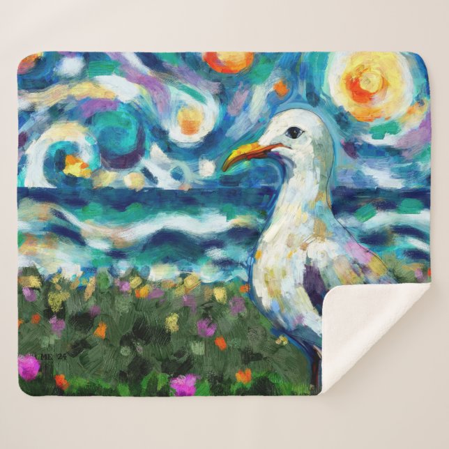 Cobertor Sherpa Seagull Van Gogh Style Beach Sky Blue Teal (Frente (Horizontal))