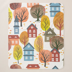 Cobertor Sherpa Seamless vintage autumn city pattern with watercol
