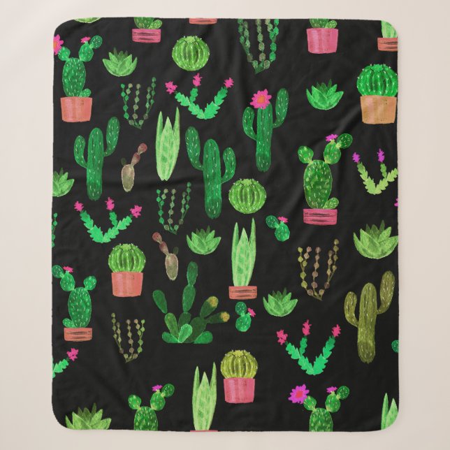 Cobertor Sherpa Seamless watercolor cactuses plant pattern backgro (Frente)