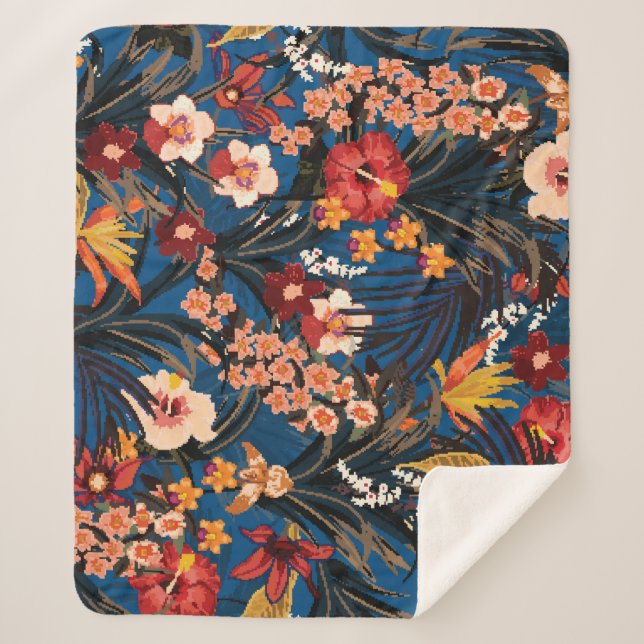 Cobertor Sherpa Selva Chic: Azul Escuro Exótico. (Frente)