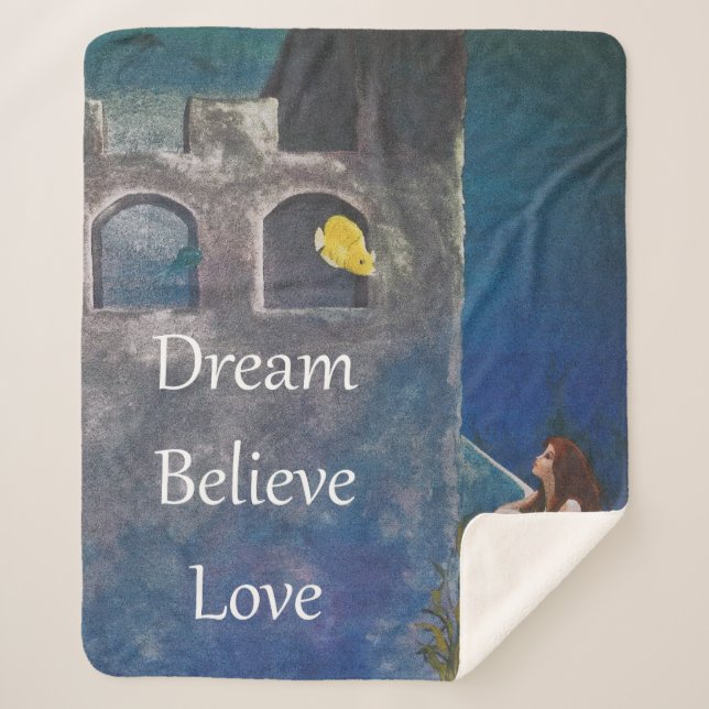 Cobertor Sherpa Sereia e Peixes no Castelo Submarino (Frente)