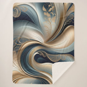 Cobertor Sherpa Serenata Dourada - Floral Abstrato em Azul e Doura