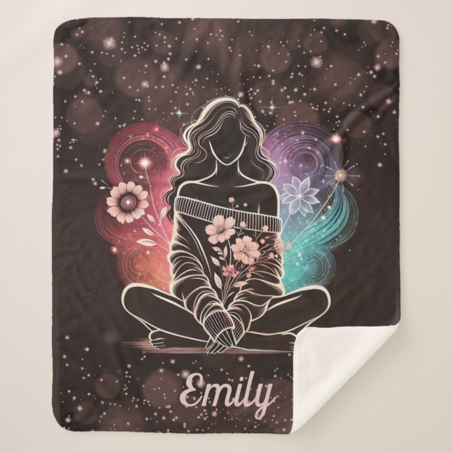 Cobertor Sherpa Serene Mulher em Sonho Físico Cósmico (Frente)