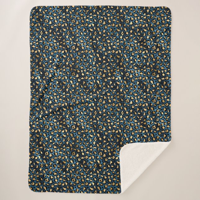 Cobertor Sherpa Série Leopardo Azul e Dourado Design 1 (Frente)