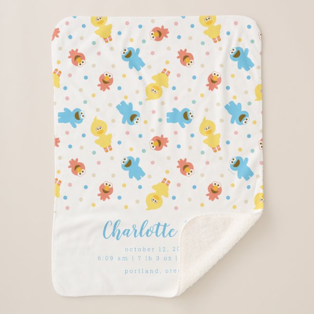 Cobertor Sherpa Sesame Pals White Bolinhas Birth Stats (Frente)