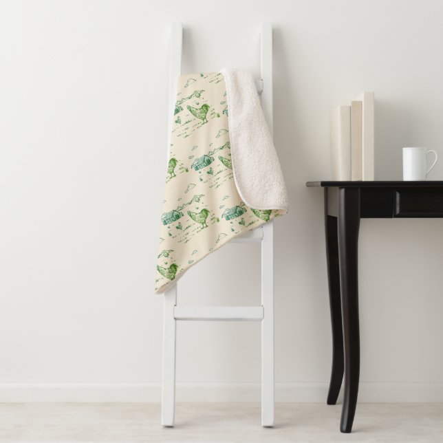 Cobertor Sherpa Sherpa Throw Blanket-Medium Ivory Greens Chicken (In Situ)