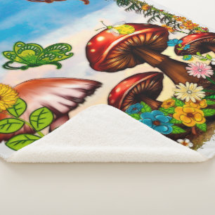 Cobertor Sherpa Shroomvilla Summer Whimsic Fantasy Art