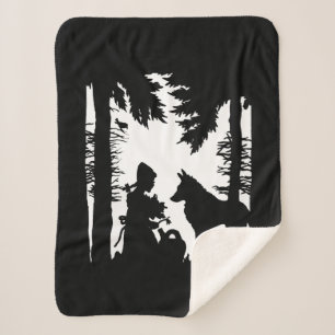 Cobertor Sherpa Silhueta Preta no Lobo Vermelho Branco de Cabelo A