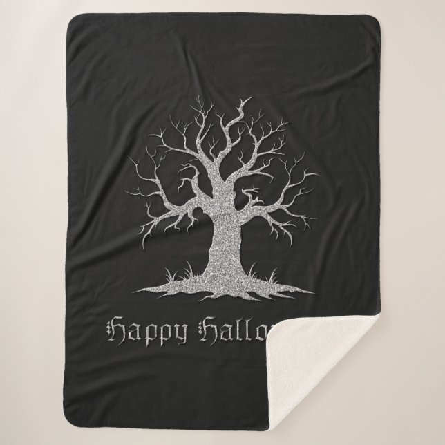 Cobertor Sherpa Silver Spooky Tree Halloween (Frente)