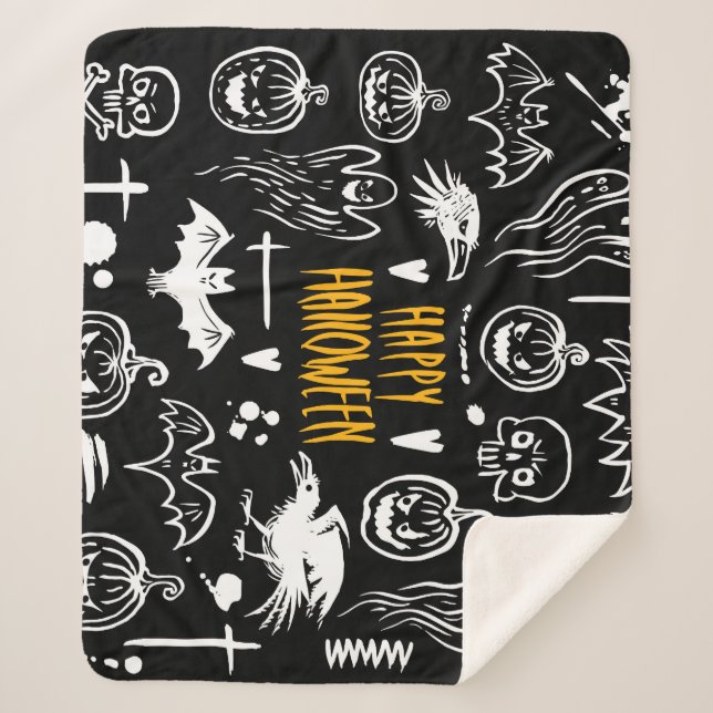 Cobertor Sherpa Símbolos de Halloween desenhados à mão, coleção de (Frente)