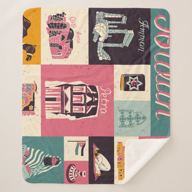 Cobertor Sherpa Símbolos Ilustrados Retro-Cultura Da Jordânia (Frente)
