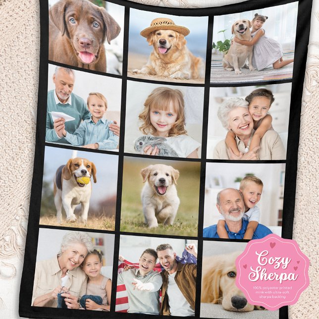 Cobertor Sherpa Simple 12 Picture Family Friends Pets Collage (Criador carregado)