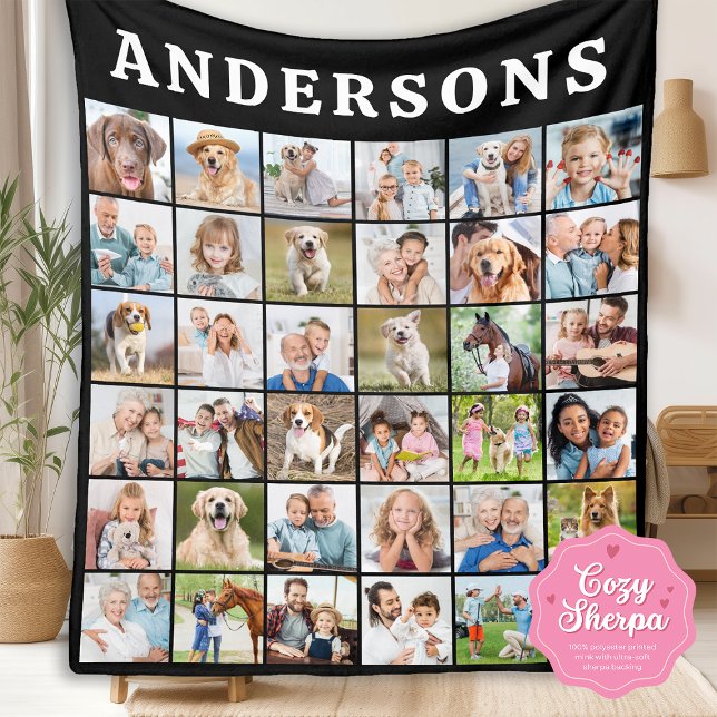 Cobertor Sherpa Simple Family Photo Collage Personalized Name  (Criador carregado)