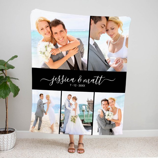 Cobertor Sherpa Simple Five-Photo with Names and Date (Criador carregado)