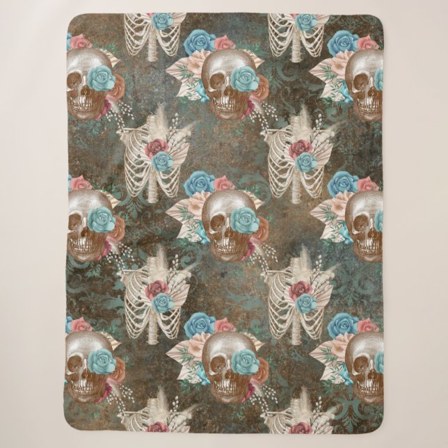Cobertor Sherpa Skeleton e Skull com Rosas (Frente)