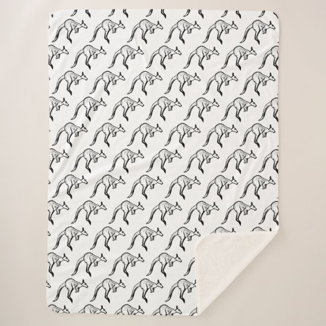 Cobertor Sherpa Sketch de canguru preto-e-branco saltando (Frente)