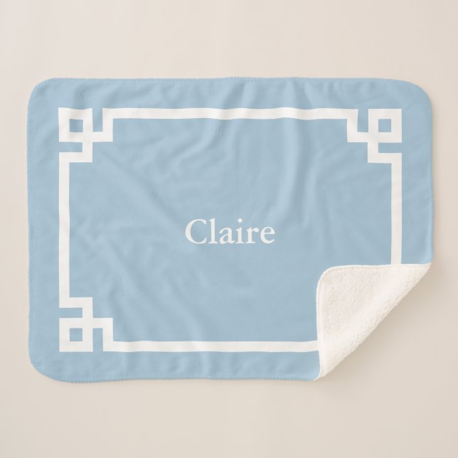 Cobertor Sherpa Sky Blue and White Greek Key Monogram (Frente (Horizontal))