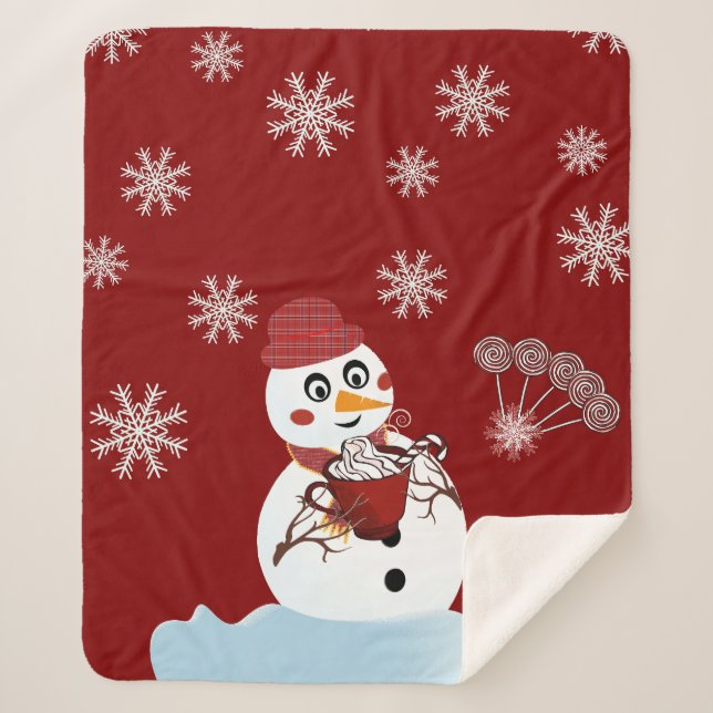 Cobertor Sherpa Snowman de Natal chocolate quente e cana doce (Frente)