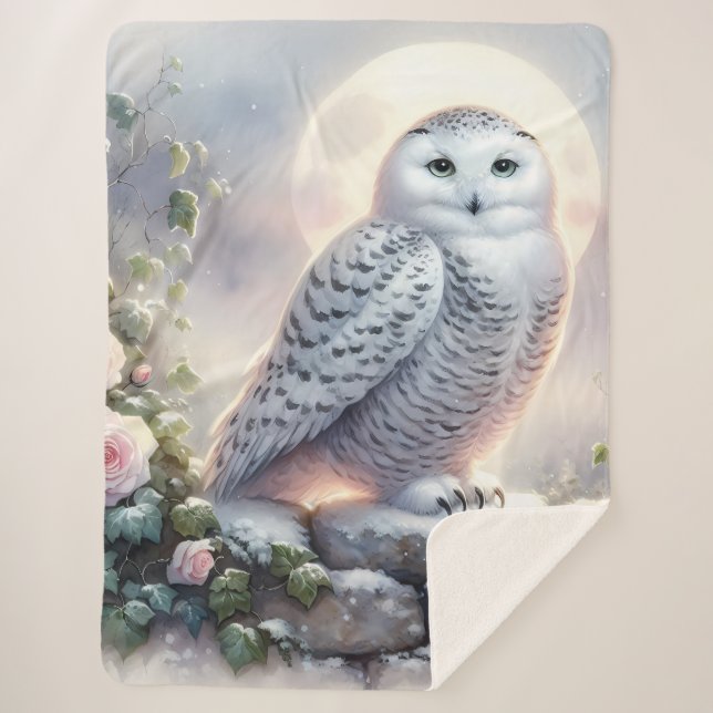 Cobertor Sherpa Snowy Owl in Moonlit Winter Garden (Frente)