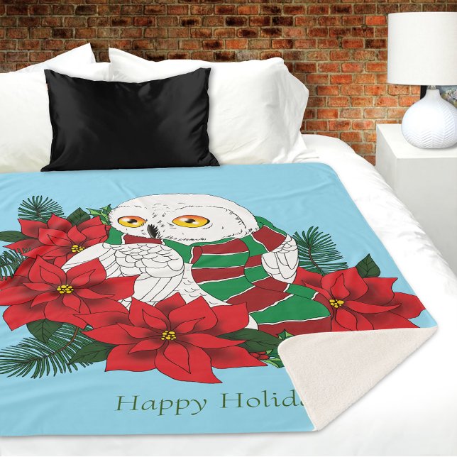 Cobertor Sherpa Snowy Owl Red Poinsettias Natal (Criador carregado)