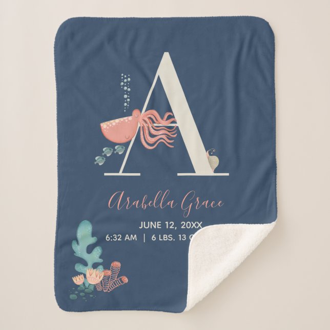Cobertor Sherpa Sob o Mar Octopus Alphabet - Letra A Baby Stats (Frente)
