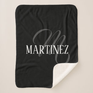 Cobertor Sherpa Sobrenome Personalizado Elegante Preto   Nome