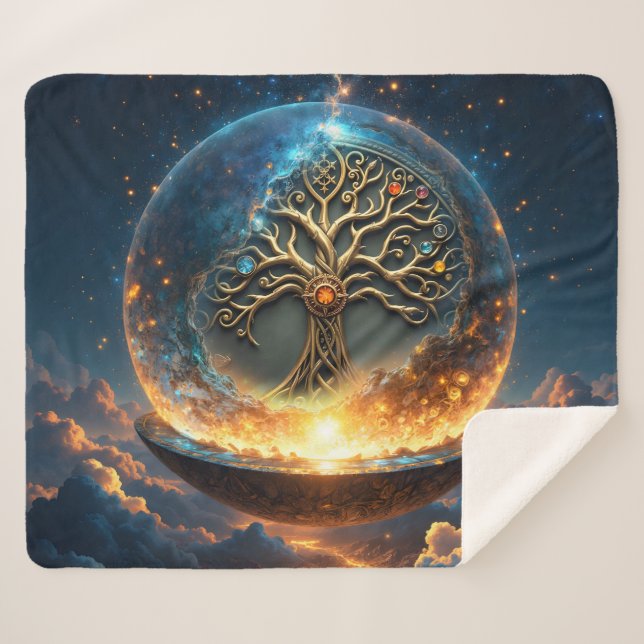 Cobertor Sherpa Sphere of Life – The Golden World Tree.  (Frente (Horizontal))